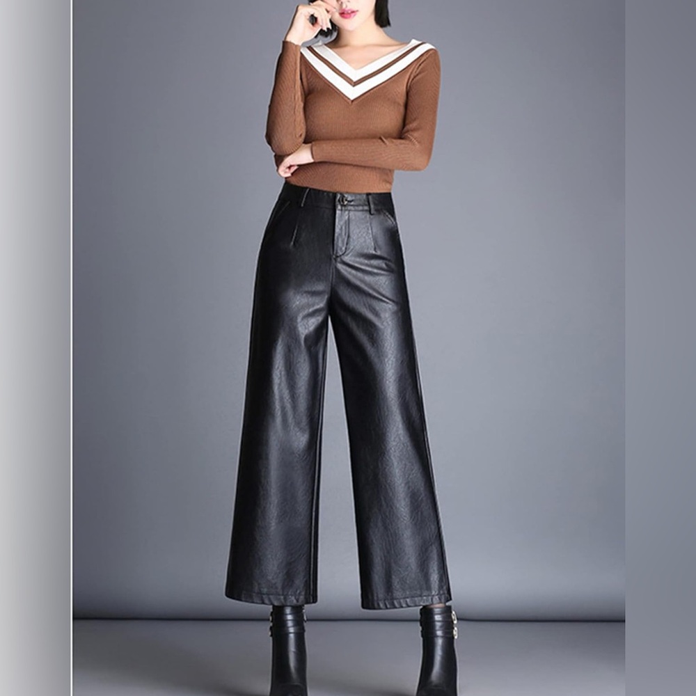 Lucrosun Women's High Waist Wide Leg PU Leather Palazzo Pants Culottes Black NWT